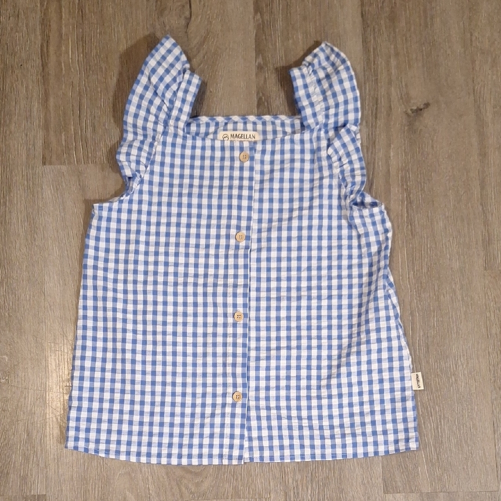 Magellan Outdoors Blue and White Women's Checkered Shirt Size Large